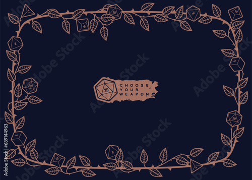 Vector diploma frame board game frame looking like a rose with thorns and leaves, flowers looking like dice. Isolated on white background.