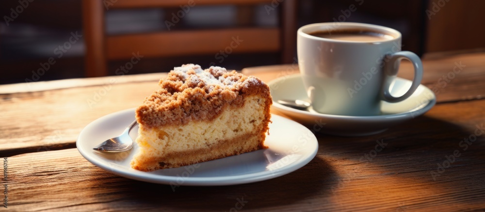 Cinnamon crumb cake and coffee on a wooden table Copy space image Place for adding text or design Cinnamon crumb cake and coffee on a wooden table Copy space image Place for adding text or design