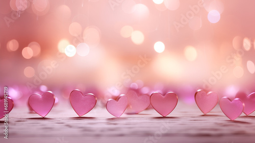 small pink hearts on a light background, bokeh in the background
