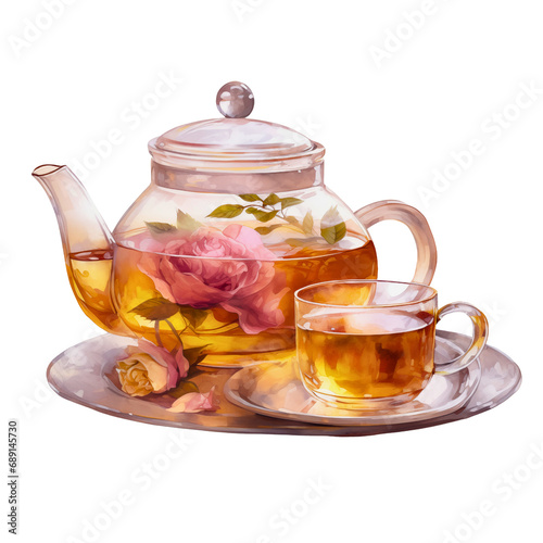 teapot and cup of tea with rose