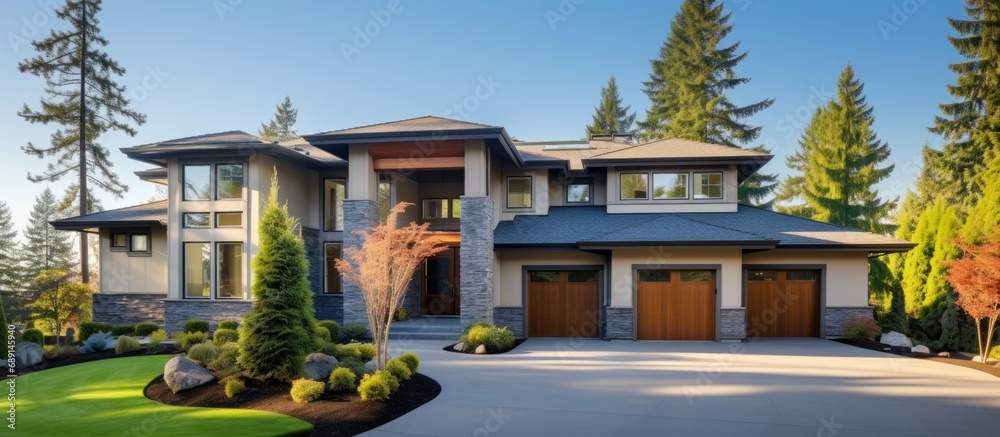 Luxurious contemporary home with stone accents three car garage and natural surroundings Copy space image Place for adding text or design
