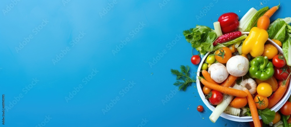 Kitchen compost bin with peeled vegetables on blue background Top view Recycling concept for sustainable and zero waste Copy space image Place for adding text or design