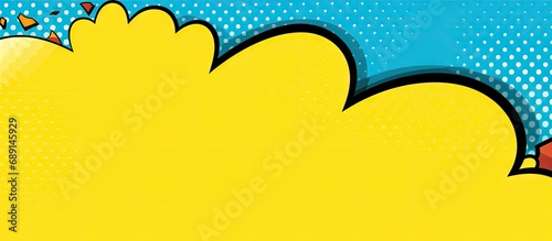 Colorful speech bubble made of handmade paper inspired by pop art and comic style set against a yellow and blue backdrop Copy space image Place for adding text or design