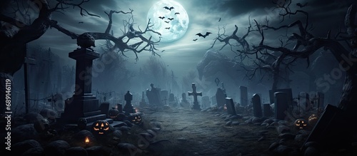 Halloween themed backdrop with eerie graveyard bare trees graves bats and space for text Copy space image Place for adding text or design photo