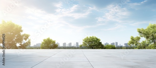 Future architecture and blue sky backdrop in an empty city park with a concrete floor Copy space image Place for adding text or design