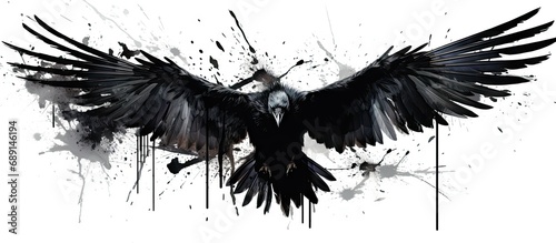 Black raven silhouette with paint splatters isolated on white background Copy space image Place for adding text or design © vxnaghiyev