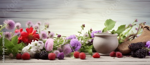 Mortaring herbs berries and flowers on a wooden table Copy space image Place for adding text or design