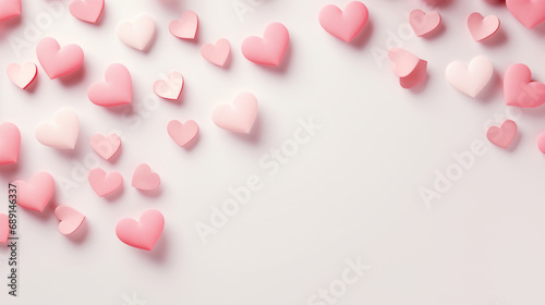 small pink hearts on a light background, top view. Space for text