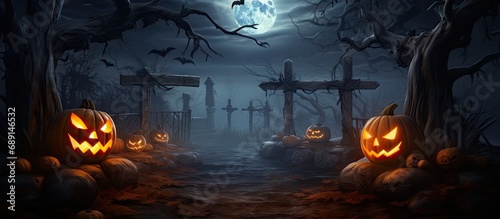 Halloween scene with graveyard pumpkins and skeletons Copy space image Place for adding text or design
