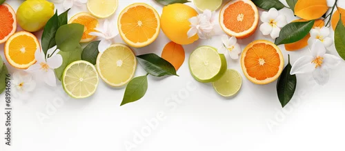 Panel kuchenny z motywem High quality photo of citrus fruits leaves and flowers arranged as a flat lay on a white background Copy space image Place for adding text or design