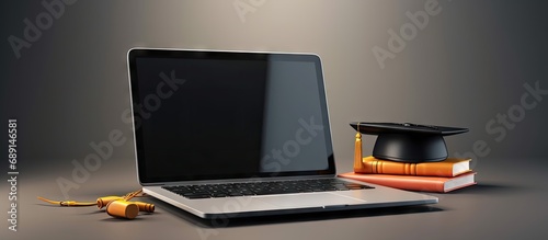 Computer with graduation cap and diploma isolated Render laptop and graduate hat with certificate Online education concept E learning online courses Illustration Copy space image Place for addi photo