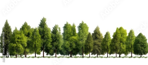 Isolated green trees on white background in a row Copy space image Place for adding text or design photo