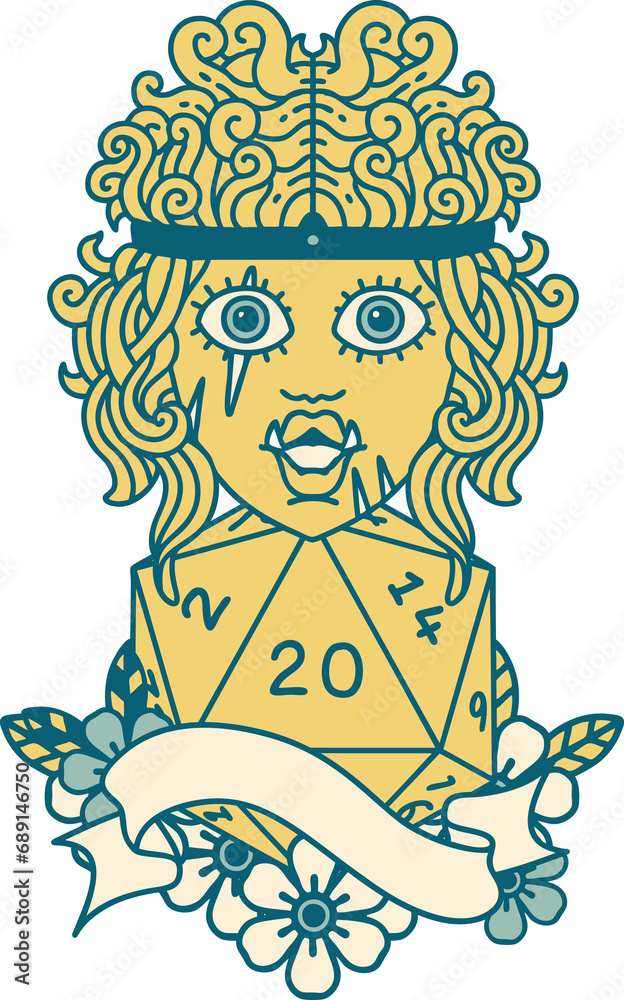 Retro Tattoo Style half orc barbarian character with natural twenty dice roll Retro Tattoo Style half orc barbarian character with natural twenty dice roll