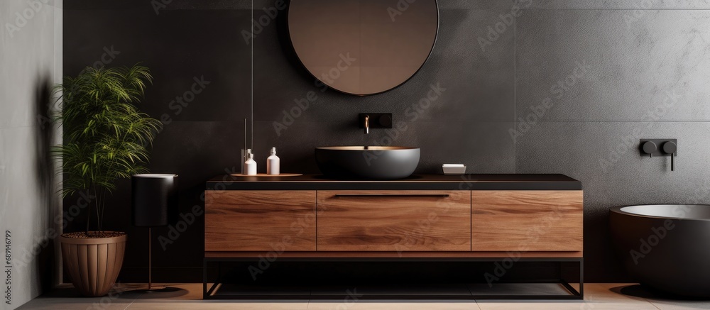 Contemporary bathroom featuring wooden cabinets a black porcelain sink circular mirror chrome fixtures and black marble flooring Copy space image Place for adding text or design - obrazy, fototapety, plakaty 