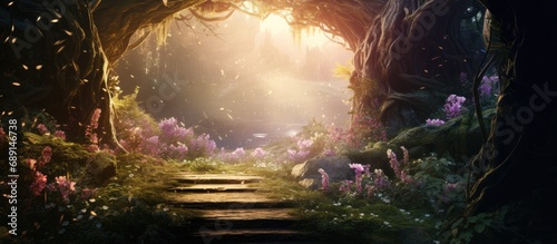 Enchanting fairy forest opening rendered in 3D with flowers Copy space image Place for adding text or design photo