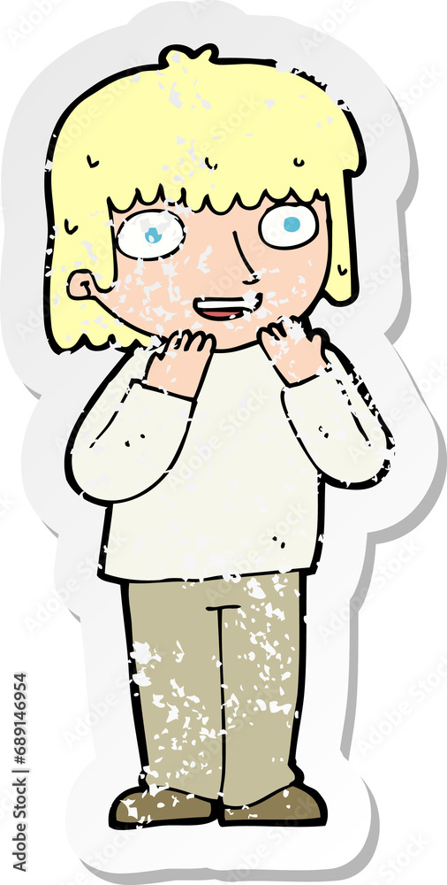 retro distressed sticker of a cartoon excited person retro distressed sticker of a cartoon excited person
