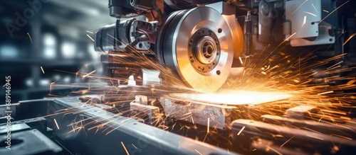 Finishing internal steel surfaces using a lathe grinder in the metalworking industry with sparks flying Copy space image Place for adding text or design photo