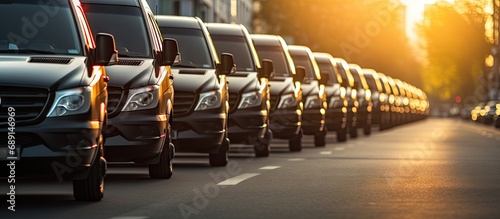 Many black luxury vans parked in a row at a car dealership with a close up view of the tail lights against a sunset Fleet of vans for commercial cargo transportation and VIP charters Copy space