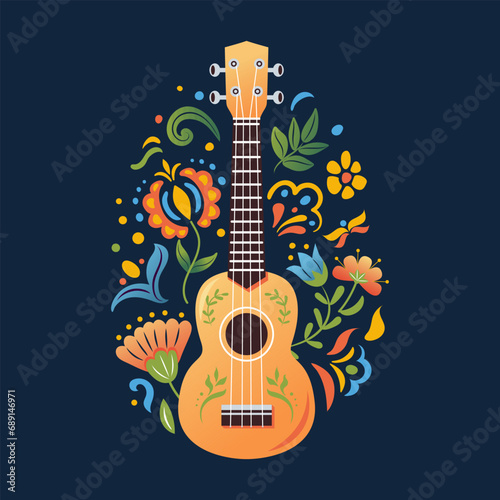 Ukulele Hawaiian four-string soprano guitar. Mexican or Slavic folk flowers. Cartoon style. Small guitar, string music instrument. for poster, t-shirt, banner, card, cover. Cinco de Mayo Festival.