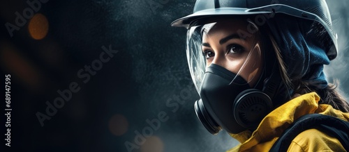 Industrial female worker with PPE dialog box vignette for ads and brochures Ensuring workplace safety Copy space image Place for adding text or design