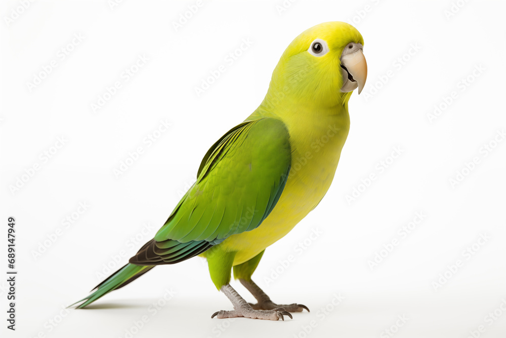 Portrait of Quaker parrot isolated on a white background. Side view