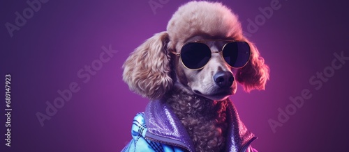 Charming Poodle dog in animal clothes posing with neon light filter on a purple background Copy space image Place for adding text or design © vxnaghiyev