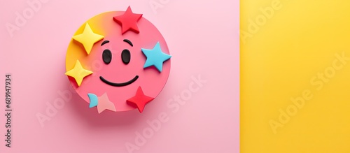 Emoji on colorful round paper with grunge star on pink background for positive feedback mental health evaluation child well being concept Copy space image Place for adding text or design photo