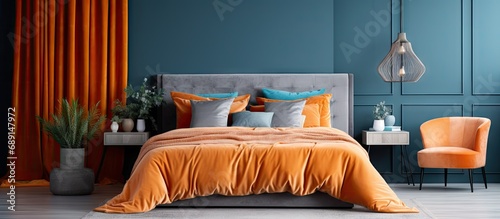 Elegant bedroom decor with orange bed blue curtain modern lamp nightstand and personal accessories Copy space image Place for adding text or design photo