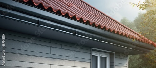 House corner featuring windows new gray metal tile roof and exterior metallic guttering and drainage system Copy space image Place for adding text or design
