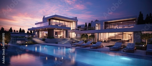 Luxurious new nighttime mansion with pool and vibrant sky Copy space image Place for adding text or design photo