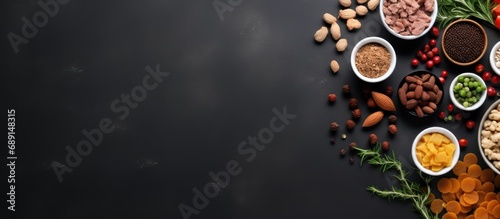 Natural ingredients and pet food arranged on a grey table in a flat layout Copy space image Place for adding text or design