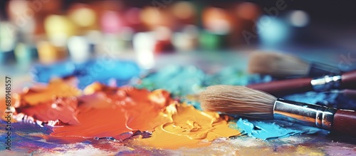 Mixing colors with art brushes during the creative process of painting pictures using different paints and brushes for creativity Copy space image Place for adding text or design