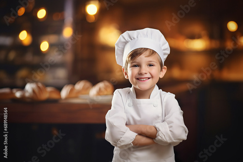 Pastry chef or little chef. child boy making cake or baked bread on the table. Standing smiling in a bakery. copy space. Wear a white chef's uniform, hat and apron. Soft focus and blurred.