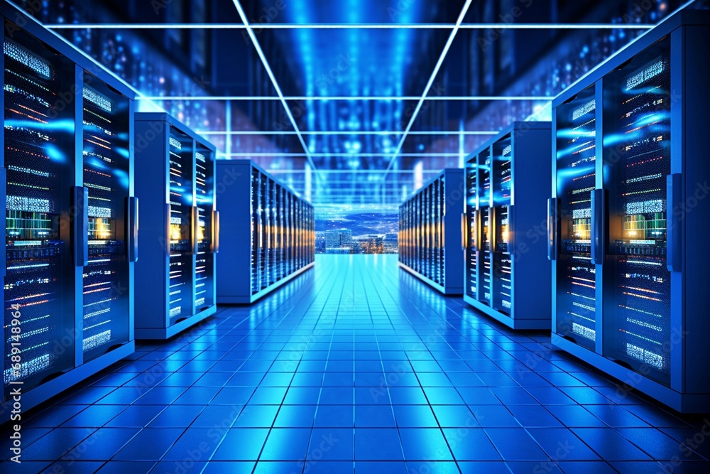 A picture of a data center featuring several rows of fully functional server racks. Artificial Intelligence, Cloud Computing, Database, and Modern Telecommunication. Taken at Night