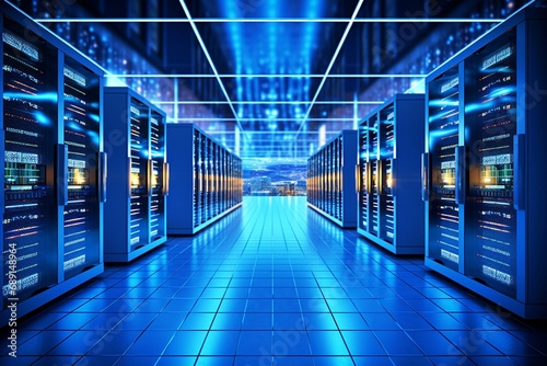 A picture of a data center featuring several rows of fully functional server racks. Artificial Intelligence  Cloud Computing  Database  and Modern Telecommunication. Taken at Night