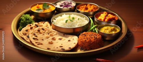 Indian vegetarian food platter with paneer dal chole kofta gulab jamun aloo gobi chapati and rice Bengali sweet Copy space image Place for adding text or design photo
