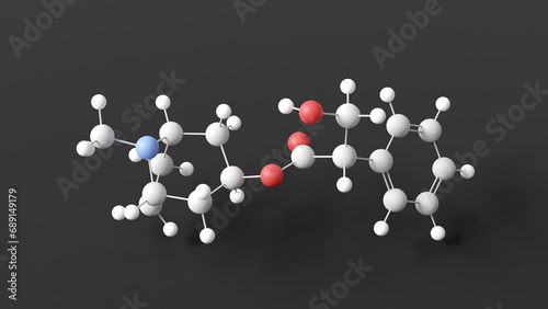 atropine molecular structure, tropane alkaloid, ball and stick 3d model, structural chemical formula with colored atoms