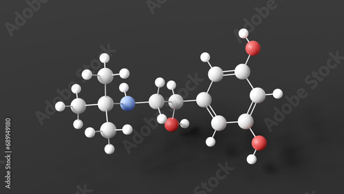 terbutaline molecular structure, selective beta-2-adrenergic agonists, ball and stick 3d model, structural chemical formula with colored atoms photo
