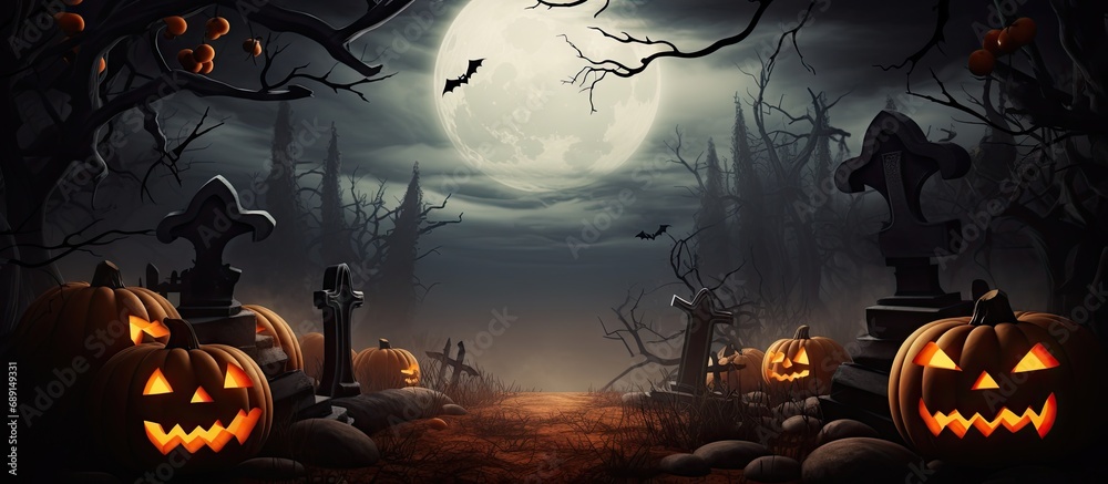 Halloween themed backdrop with eerie graveyard bare trees graves bats and space for text Copy space image Place for adding text or design