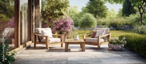 Chic outdoor furniture in the gorgeous garden Copy space image Place for adding text or design