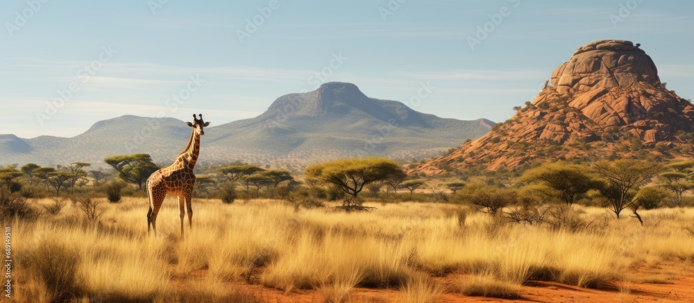 Giraffe panorama in African Savannah with geological butte Entabeni Safari Reserve South Africa Copy space image Place for adding text or design - obrazy, fototapety, plakaty 