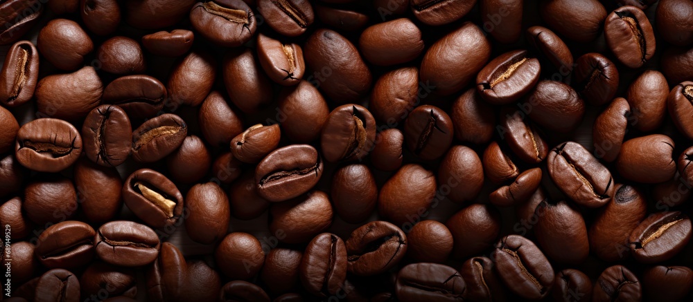 Fototapeta premium Close up view of coffee beans in the background Copy space image Place for adding text or design