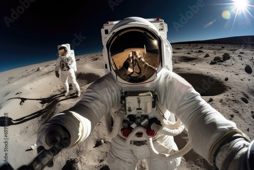 Two lunar astronauts take a selfie on the surface of the moon