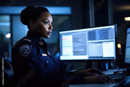 Uniformed female black police officer at a police station, working in her place, using computer, looking at reports documents