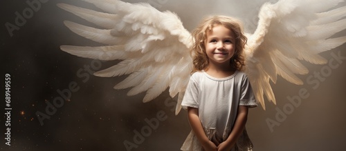 Child depicted as guardian angel Copy space image Place for adding text or design