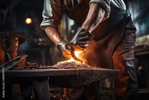 Close-up working powerful hands of male blacksmith forge an iron product in a blacksmith photo