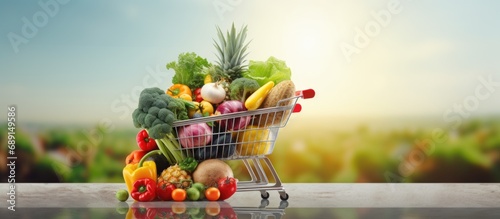 Loaded grocery cart with fresh produce organic health food concept Copy space image Place for adding text or design