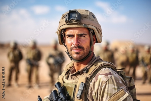 portrait of a male soldier in military uniform with a helmet against the background other soldiers standing in the background photo
