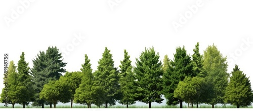 Isolated green trees on white background in a row Copy space image Place for adding text or design