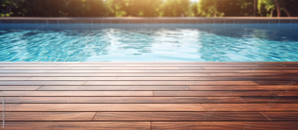 Design idea for swimming pool decking Ipe hardwood on sun exposed deck Copy space image Place for adding text or design